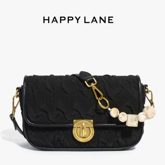 Happy Lane Handbags - Black Ruched Textured Flap Crossbody Bag Gold Turn Lock Stone Bead Strap NIP